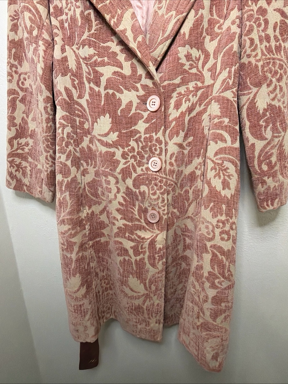 Y2K Arden B. blush pink floral brocade tapestry trench coat size medium - Picture 2 of 12